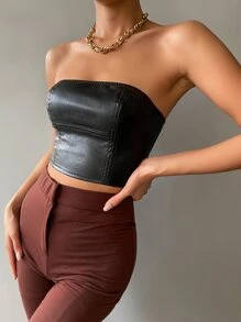 SHEIN Allurite 短款PU皮革抹胸上衣 - 黑色 - 查看 3