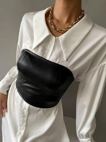 SHEIN Allurite 短款PU皮革抹胸上衣 - 黑色 - 查看 6