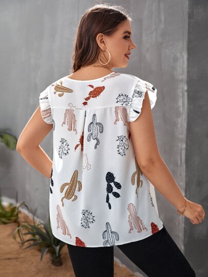 Plus Cactus Print Ruffle Trim Blouse