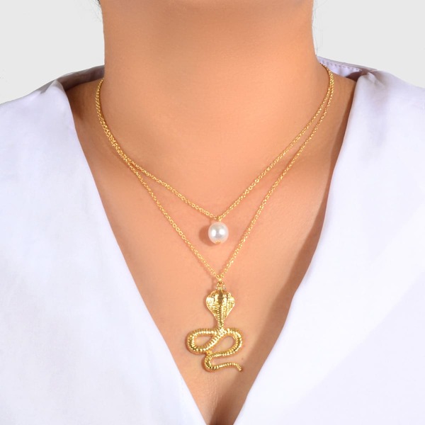 

Snake & Faux Pearl Charm Layered Necklace, Gold