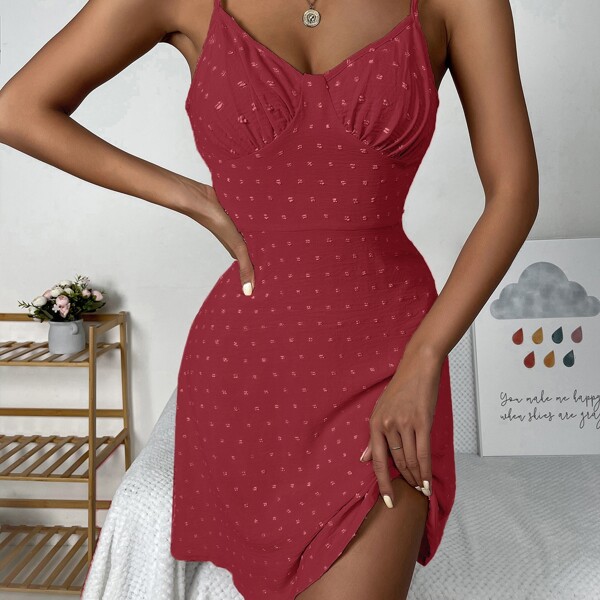 

Swiss Dot Ruched Bust Zip Back Cami Dress, Maroon