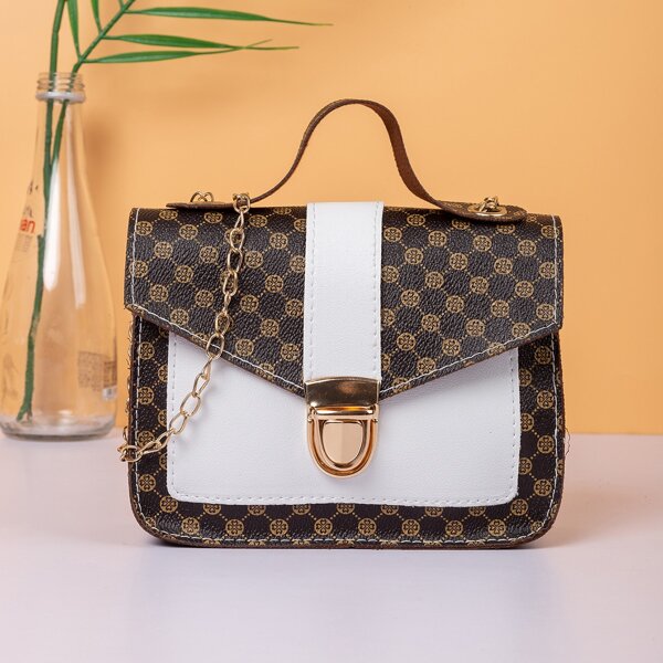 

Geo Graphic Push Lock Satchel Bag, Brown