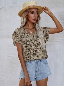 SHEIN LUNE Leopard Petal Sleeve Top