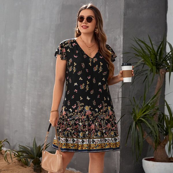 

Plus Floral Print Butterfly Sleeve Dress, Black