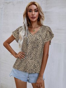 SHEIN LUNE Leopard Petal Sleeve Top