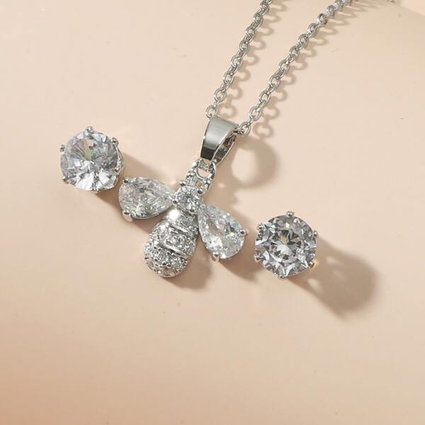 

3pcs Zircon Decor Jewelry Set, Silver