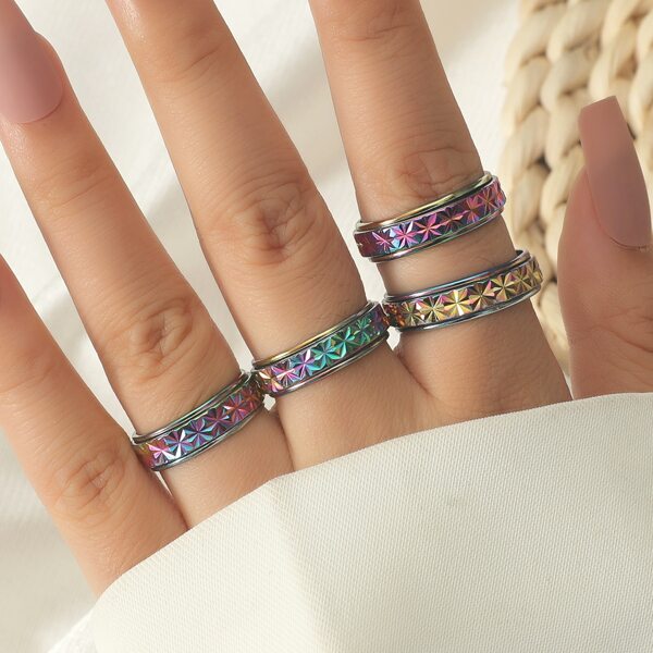 

4pcs Textured Metal Ring, Multicolor