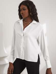 Blusa bajo con abertura irregular - Blanco - Ver 3