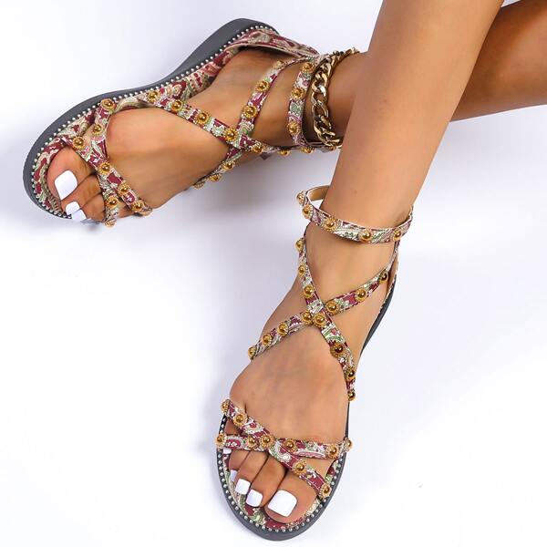 

Paisley Graphic Studded Decor Strappy Sandals, Multicolor