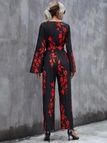 SHEIN Clasi Áo liền quần Thắt lưng Trọn gói Hoa Boho - màu đen - Xem 2