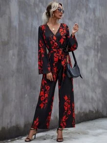 SHEIN Clasi Áo liền quần Thắt lưng Trọn gói Hoa Boho - màu đen - Xem 5