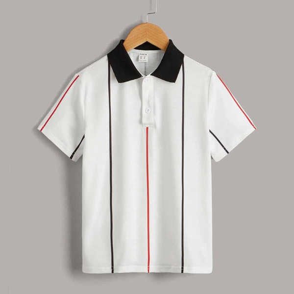 

Boys Contrast Collar Striped Polo Shirt, White