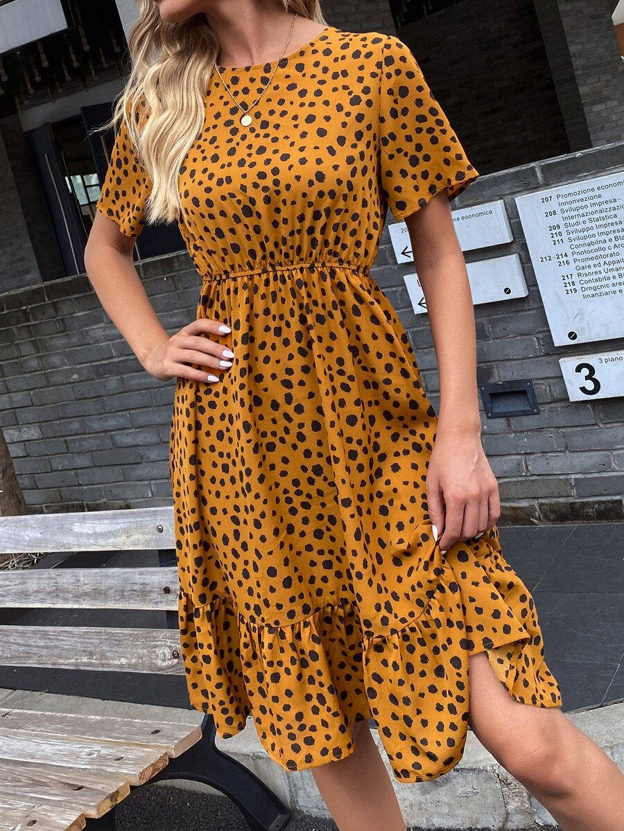 SHEIN VCAY Allover Print Ruffle Hem A-line Dress - Yellow - View 1