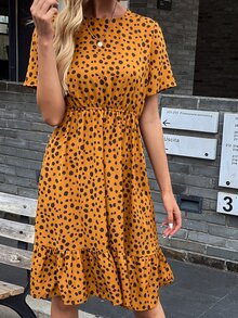 SHEIN VCAY Allover Print Ruffle Hem A-line Dress - Yellow - View 3