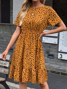 SHEIN VCAY Allover Print Ruffle Hem A-line Dress - Yellow - View 4