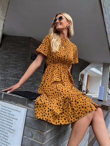 SHEIN VCAY Allover Print Ruffle Hem A-line Dress - Yellow - View 5