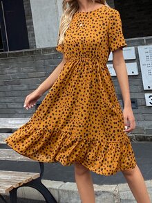 SHEIN VCAY Allover Print Ruffle Hem A-line Dress - Yellow - View 6