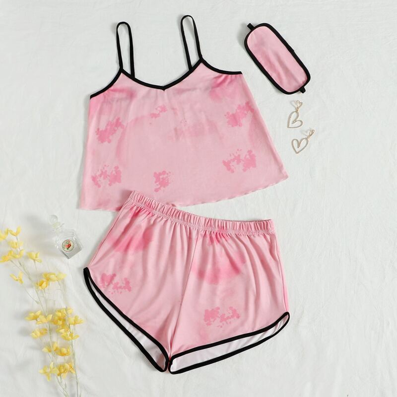 

Splash Print Contrast Binding Cami Top & Shorts With Eye Mask PJ Set, Baby pink