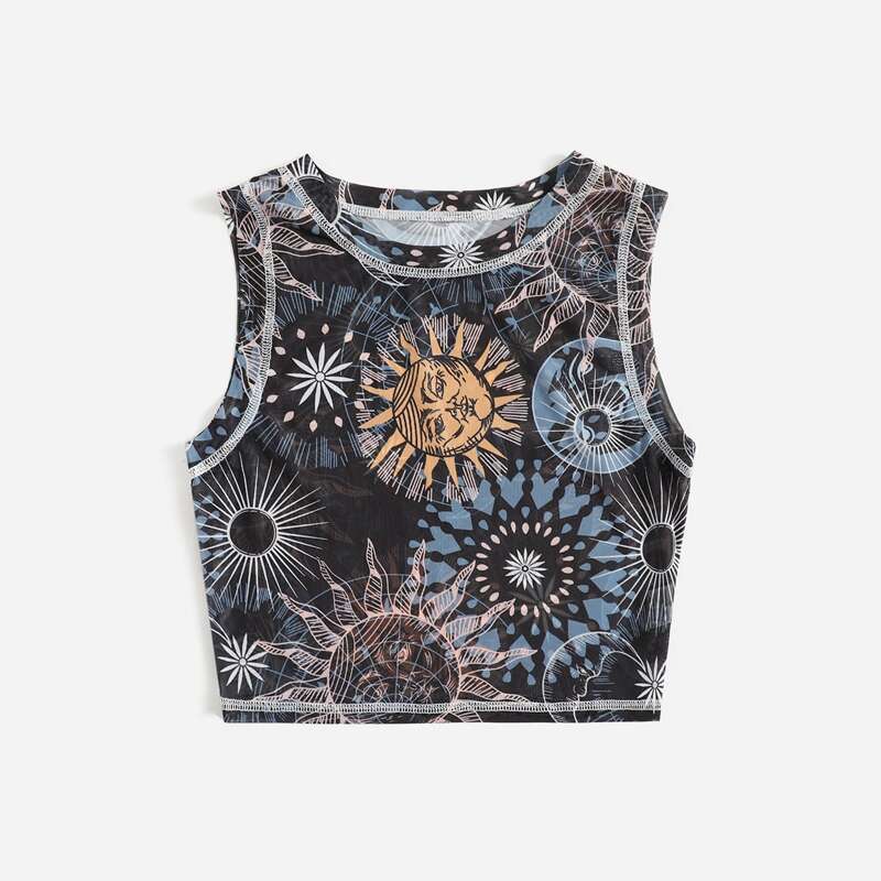 

Sun & Moon Print Stitch Trim Tank Top, Black