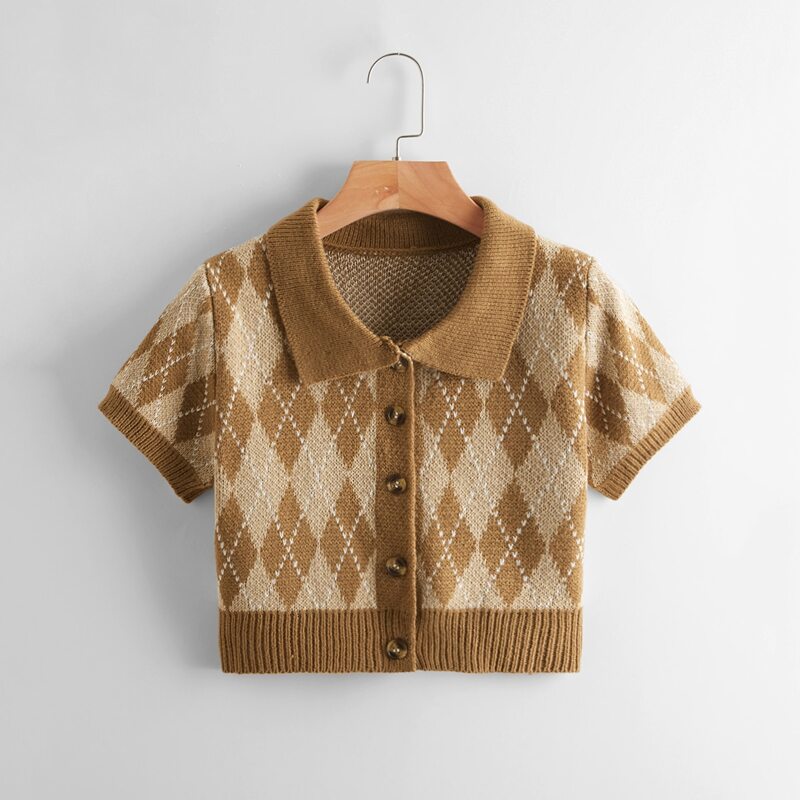

Argyle Pattern Button Front Knit Top, Coffee brown
