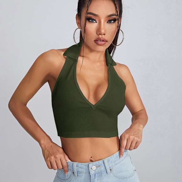 

Open Back Crop Halter Top, Army green