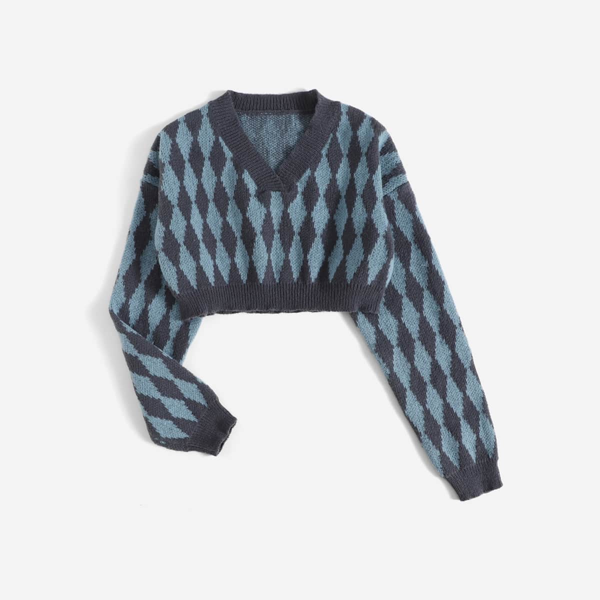 

Argyle Pattern Crop Sweater, Multicolor