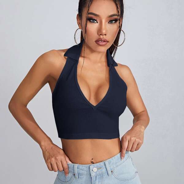

Open Back Crop Halter Top, Navy blue