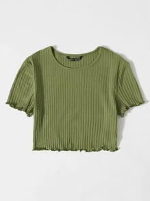 SHEIN 生菜邊羅紋針織短版上衣 - 綠色 - 查看 3