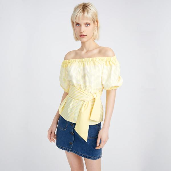 

Off Shoulder Striped Belted Blouse, Yellow