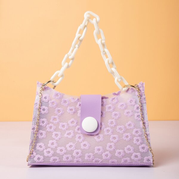 

Floral Embroidery Chain Baguette Bag, Purple