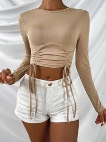 抽繩褶邊短款T恤 - 杏色 - 查看 1