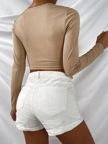 抽繩褶邊短款T恤 - 杏色 - 查看 2
