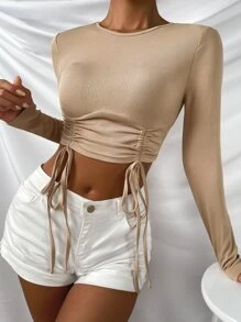 抽繩褶邊短款T恤 - 杏色 - 查看 3