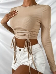 抽繩褶邊短款T恤 - 杏色 - 查看 5