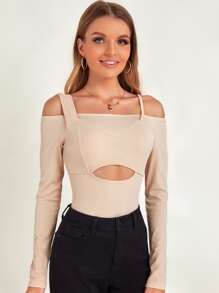 Zolique Cut Out Cold Shoulder Tee Fall Cloth For Women - Apricot - View 3