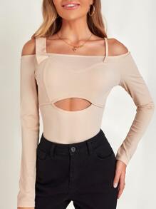 Zolique Cut Out Cold Shoulder Tee Fall Cloth For Women - Apricot - View 5