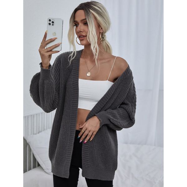 

Open Front Ribbed Knit Cardigan, Grey