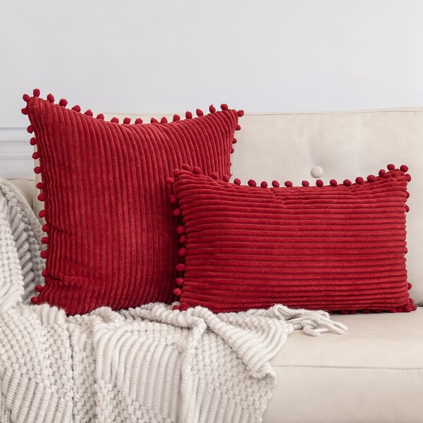 

1pc Pom Pom Decor Cushion Cover Without Filler, Burgundy