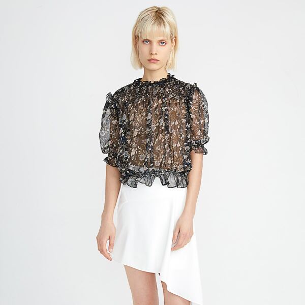 

Allover Floral Print Shirred Ruffle Trim Chiffon Blouse, Black