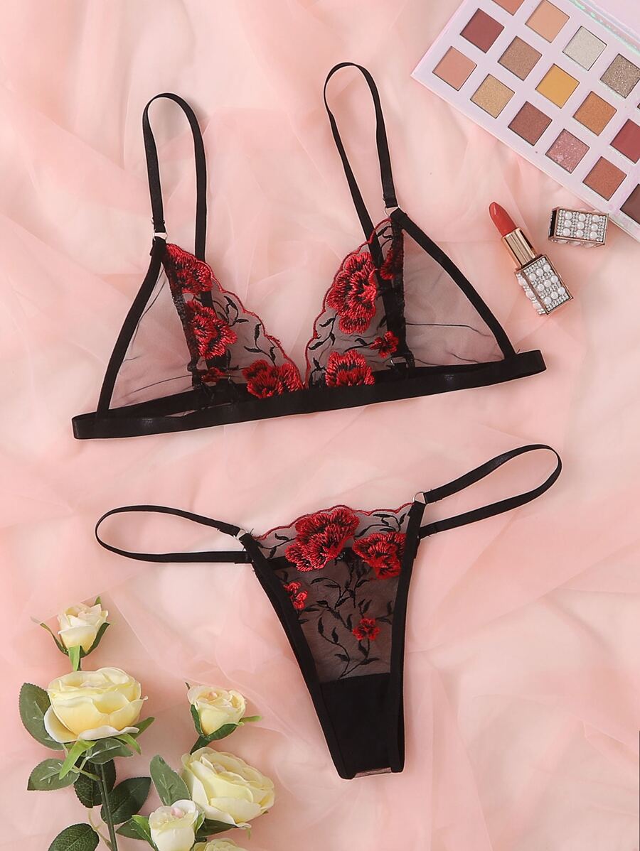 Floral Embroidered Mesh Lingerie Set - Black - View 1