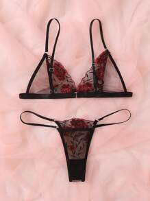 Floral Embroidered Mesh Lingerie Set - Black - View 2