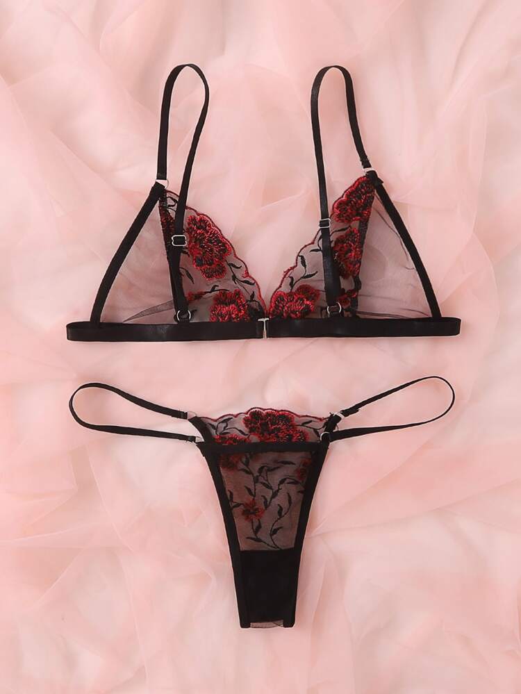 Floral Embroidered Mesh Lingerie Set