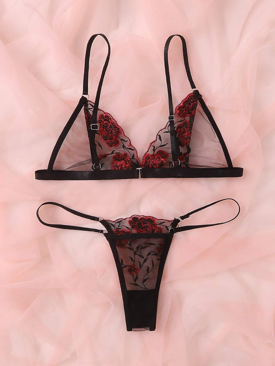Floral Embroidered Mesh Lingerie Set