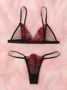 Floral Embroidered Mesh Lingerie Set - Black - View 8