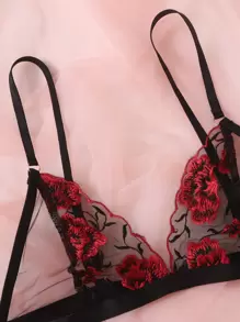 Floral Embroidered Mesh Lingerie Set - Black - View 7
