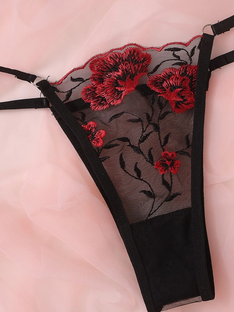 Floral Embroidered Mesh Lingerie Set