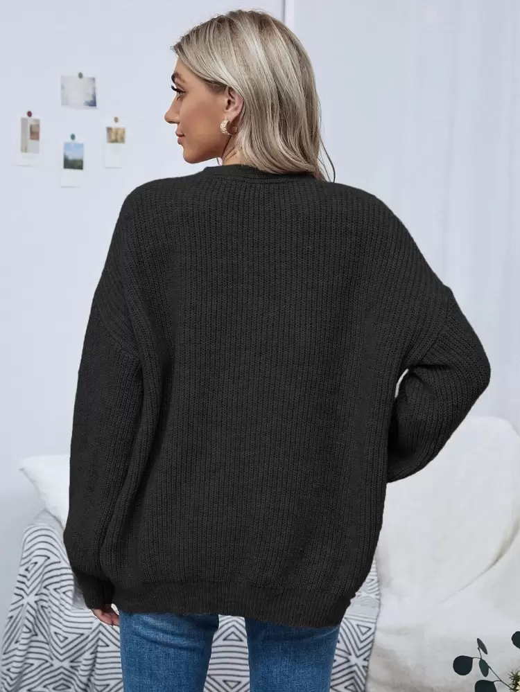 Open Front Drop Shoulder Solid Cardigan,Long Sleeve Tops Fall Winter Cloth For Women