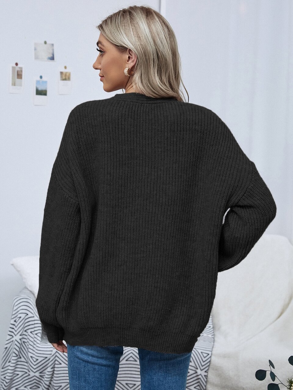 Open Front Drop Shoulder Solid Cardigan,Long Sleeve Tops Fall Winter Cloth For Women