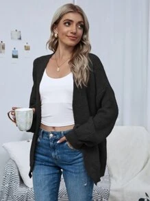 SHEIN LUNE Open Front Drop Shoulder Solid Cardigan,Long Sleeve Tops Fall Winter Cloth For Women - Black - View 4