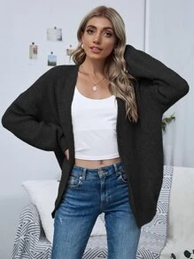 SHEIN LUNE Open Front Drop Shoulder Solid Cardigan,Long Sleeve Tops Fall Winter Cloth For Women - Black - View 5